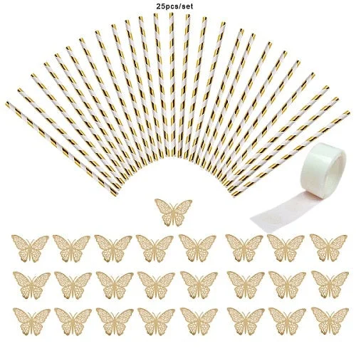 25pcs gold silver Striped Straw and 3D PVC butterfly for Romantic Wedding Party Decoration DIY birthday party bar Decoration