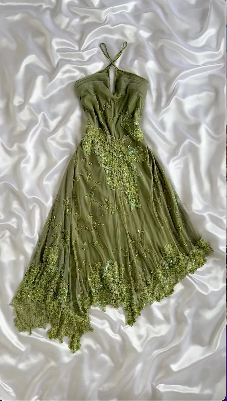 Green Fashion Delicate Floral Beaded Strap Long Ankle Length/Short Chiffon Homecoming Dress Prom Dress Evening Dress Party Dress Prom Dress