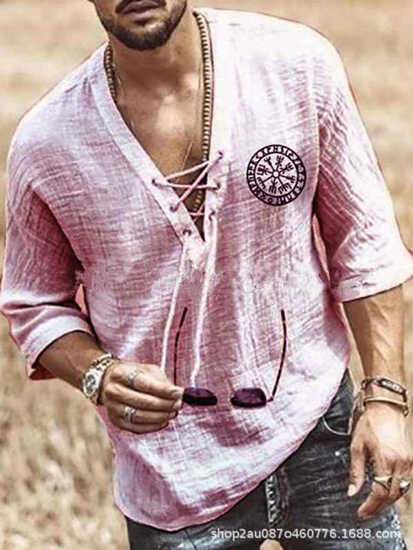 Printed Men's Chest Lace-up Corns Half Sleeve T-shirt