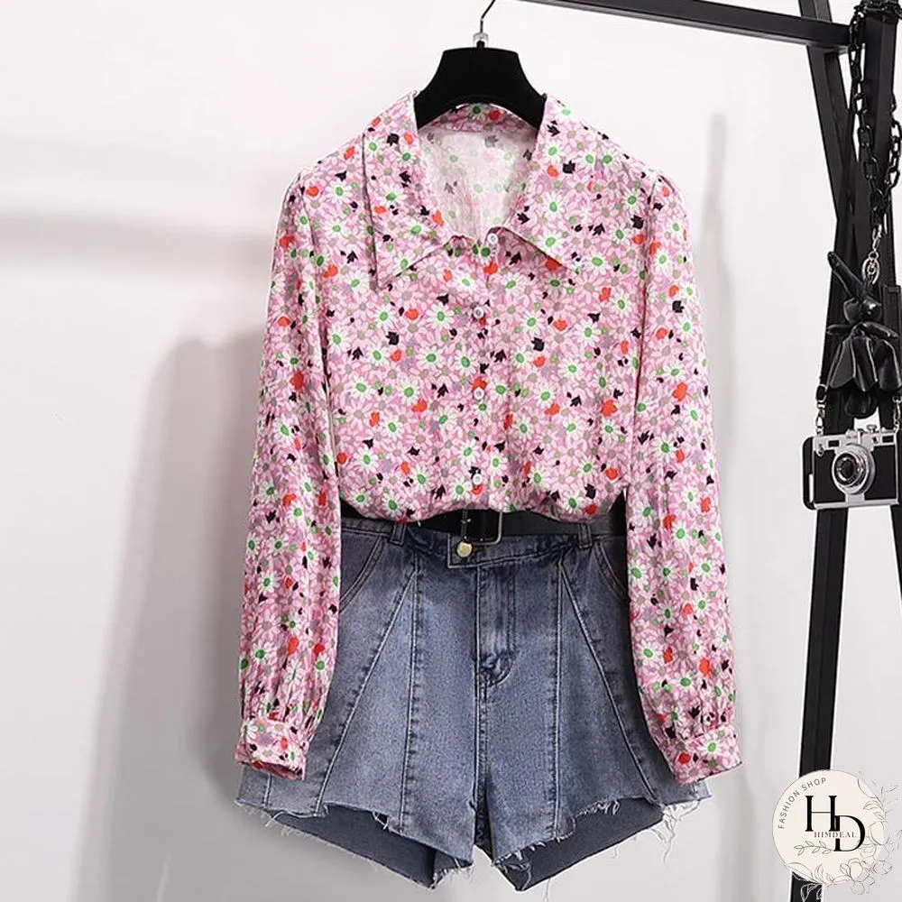 Vintage Floral Blouse+ Denim Shorts P16182