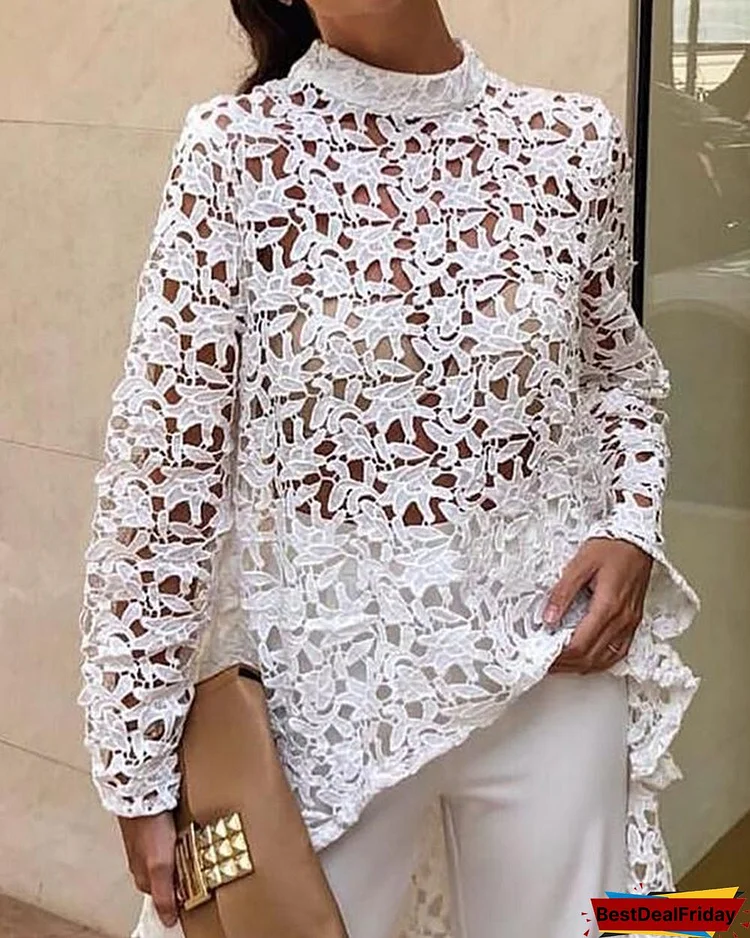Women Fashion Asymmetric Lace Round Neck Elegant Tunic Long Blouses Tops