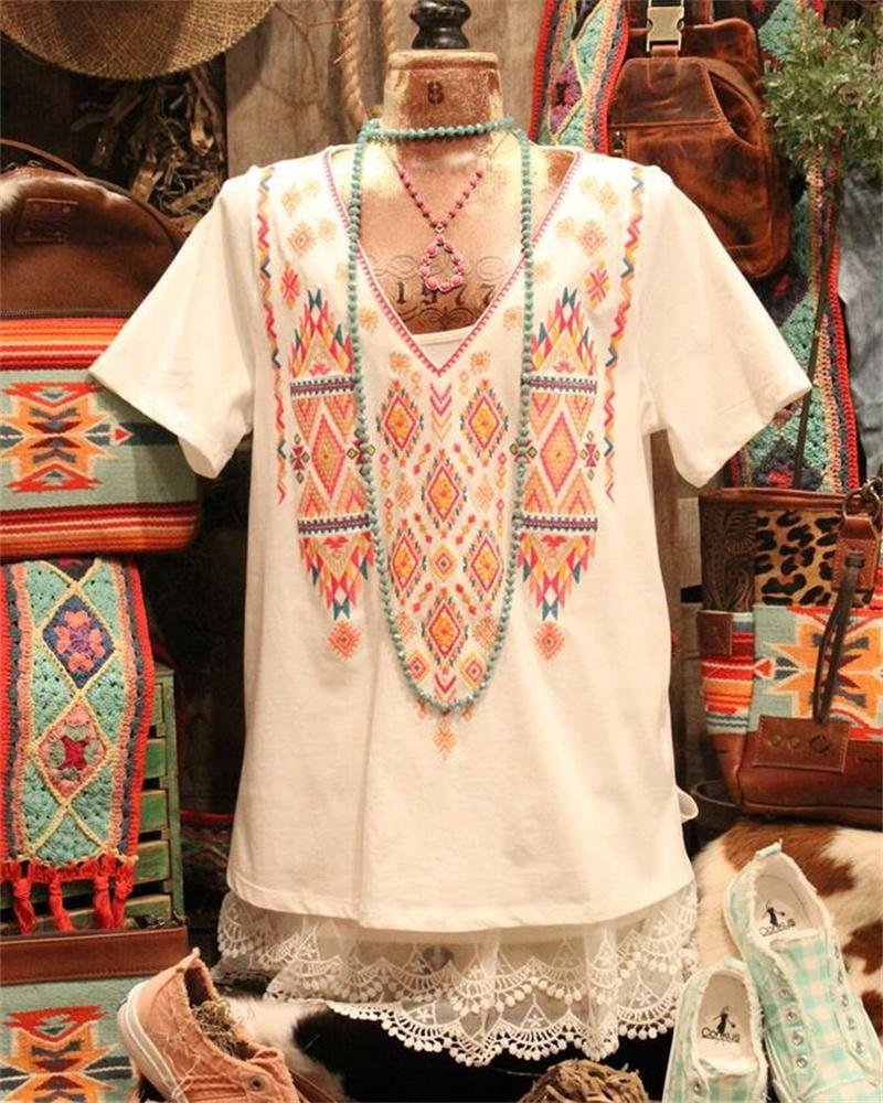 Women's V-Neck Floral Printing Short Sleeve T-shirt