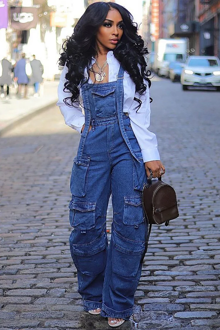 Denim Pockets Wide Leg Cargo Overalls-Blue