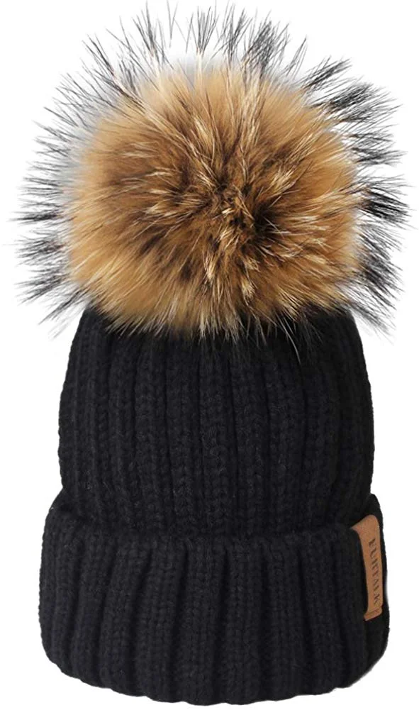 Winter Knit Hat Real Raccoon Fur Pom Pom Womens Girls Warm Knit Beanie Hat