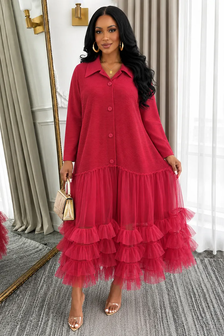 Turndown Collar Long Sleeve Button Tiered Tulle Casual Midi Dresses-Fuchsia