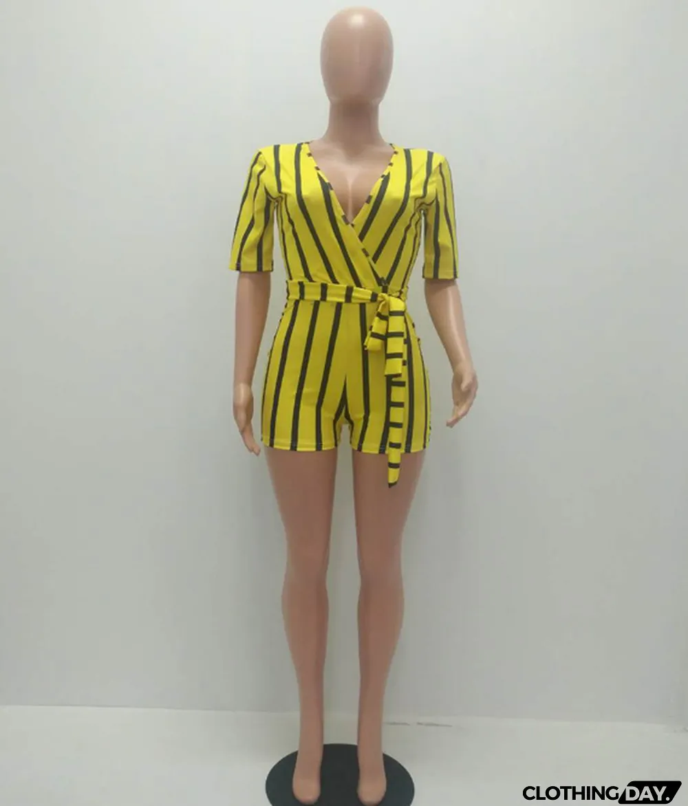 Blue Striped V-Neck Belt Romper