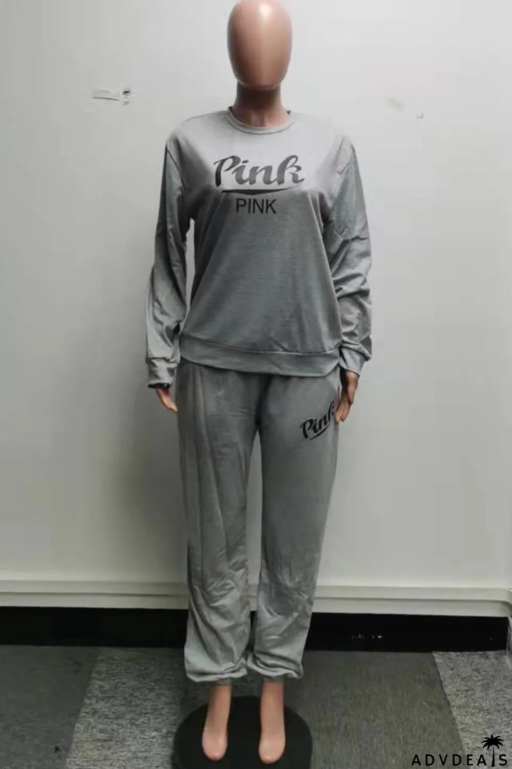 Grey Fashion Casual Letter Print Basic O Neck Long Sleeve Two Pieces