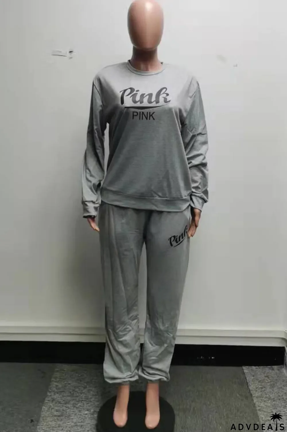 Grey Fashion Casual Letter Print Basic O Neck Long Sleeve Two Pieces