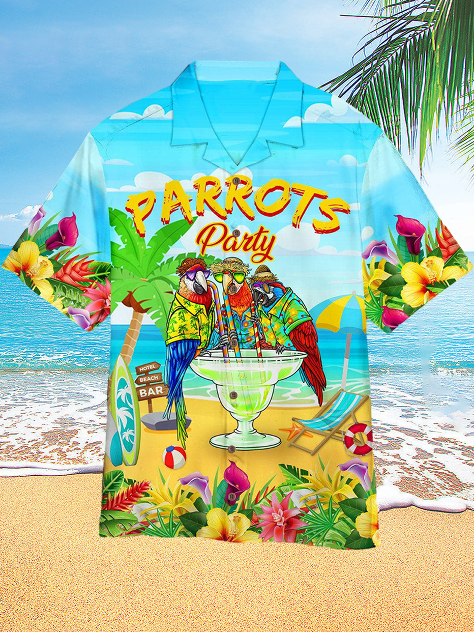 Hawaii Beach Parrot Drinking Party Vacation Printed Short Sleeve Shirt PLUSCLOTHESMAN