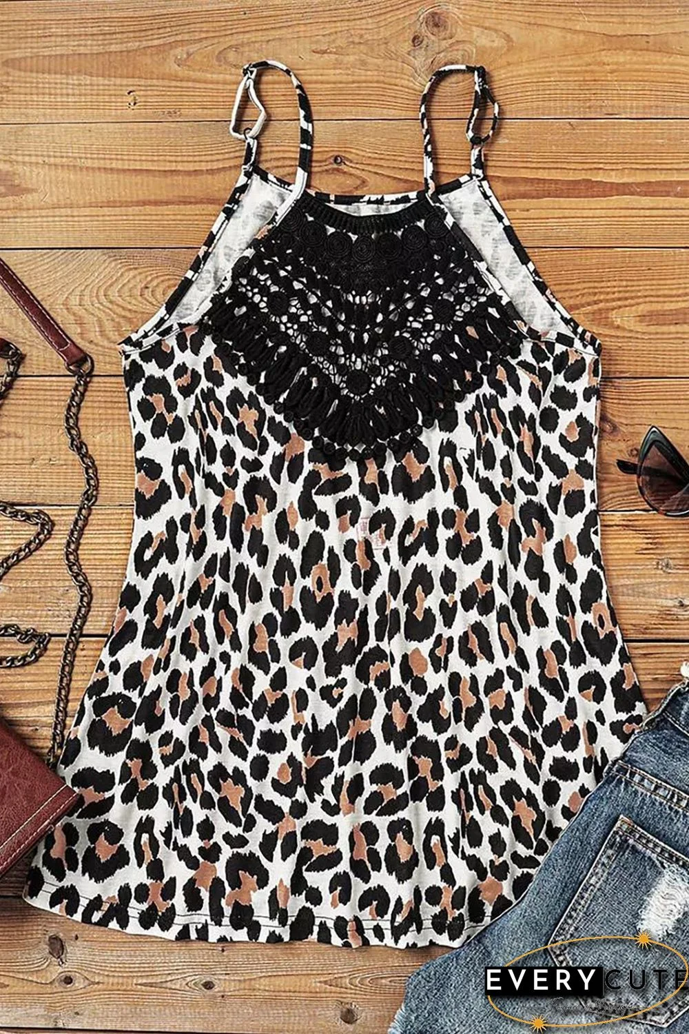 Leopard Print Lace Patchwork Spaghetti Strap Cami Top