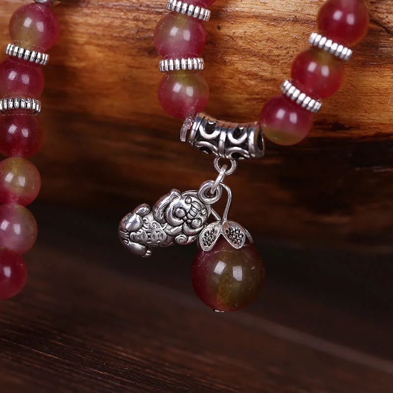 Watermelon Tourmaline PiXiu Elephant Positive Triple Wrap Mala Bracelet