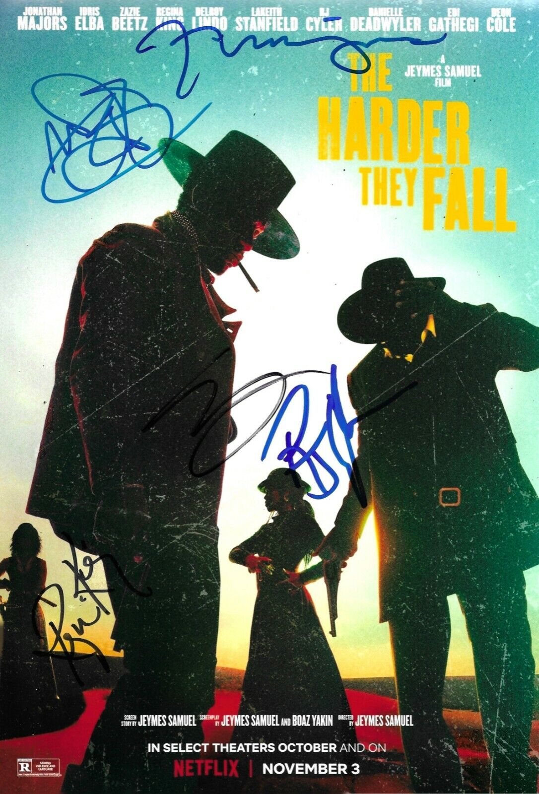 Jonathan Majors +4 Multi-Signed The Harder They Fall 12x8 Photo Poster painting AFTAL