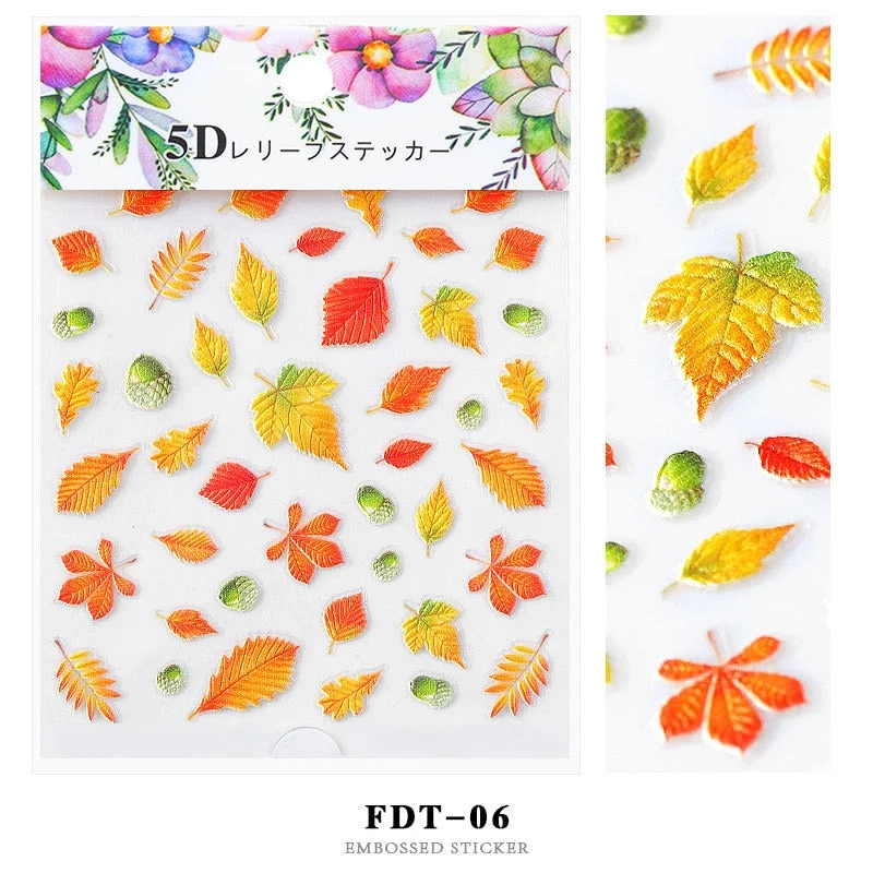 Nail Stickers Embossed 5D Flowers Leafs Designs Back Glue Nail Decals Decoration Tips For Beauty Salons-Nail Inspo