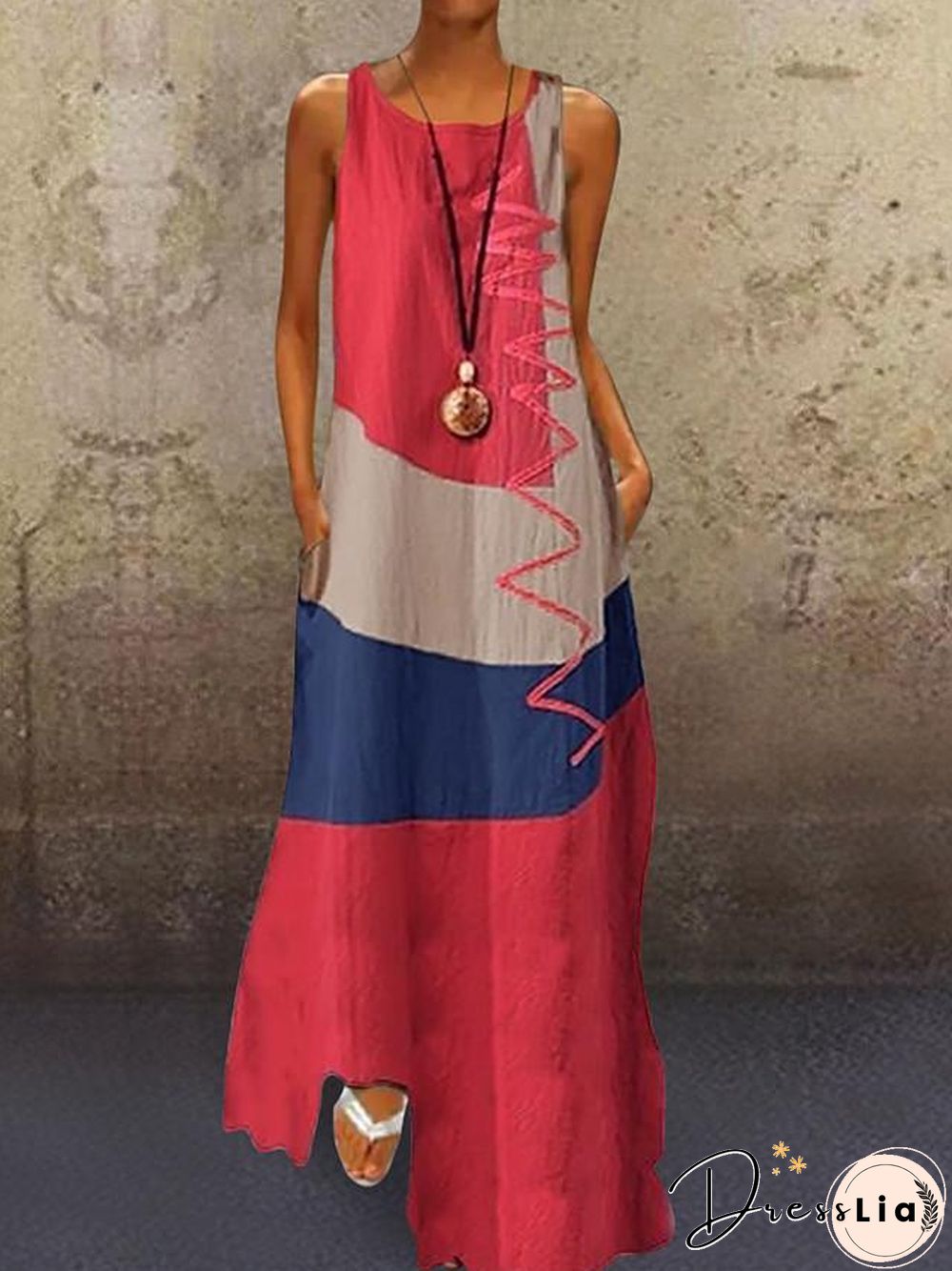 Womens Maxi Dress With V-neck Long Sleeveless Color Block Patchwork Summer Plus Size