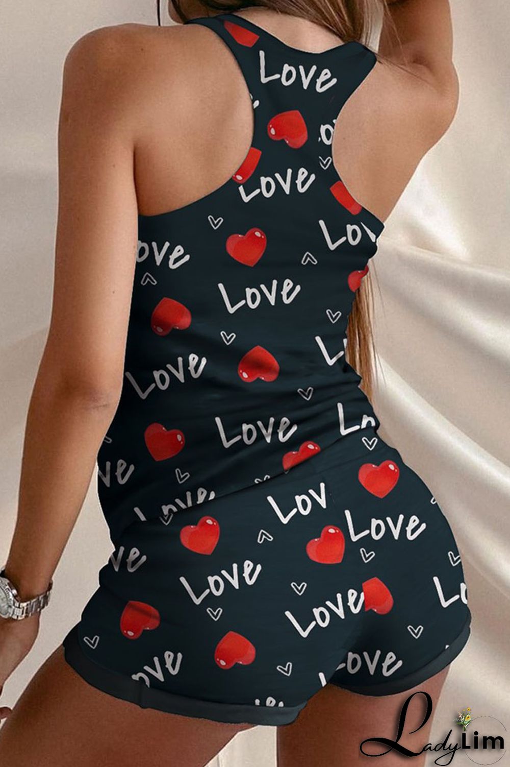 Black Casual Print Split Joint U Neck Sleeveless Two Pieces