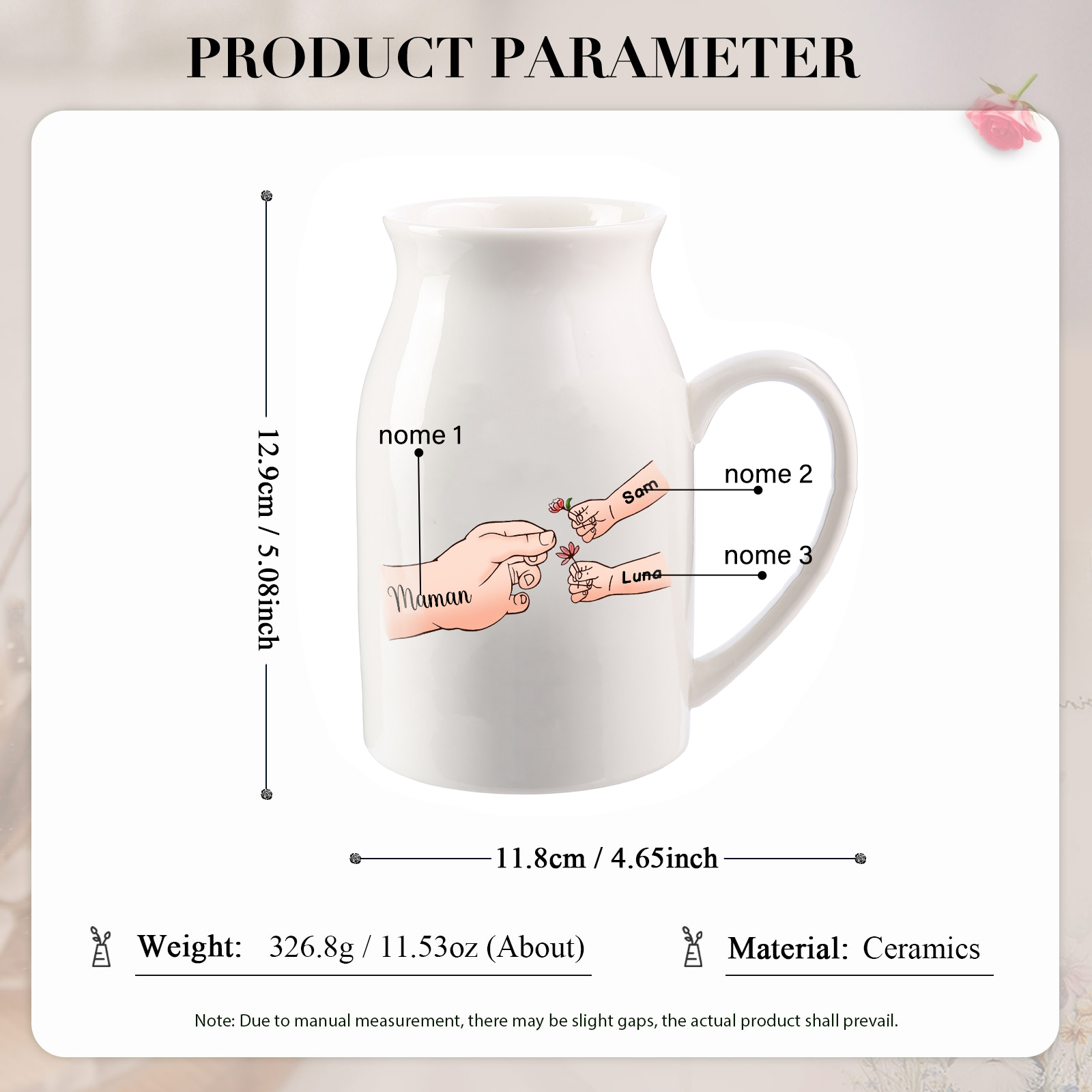 Vaso di ceramica con mano passando il fiore 3 nomi personalizzati per nonna/mamma