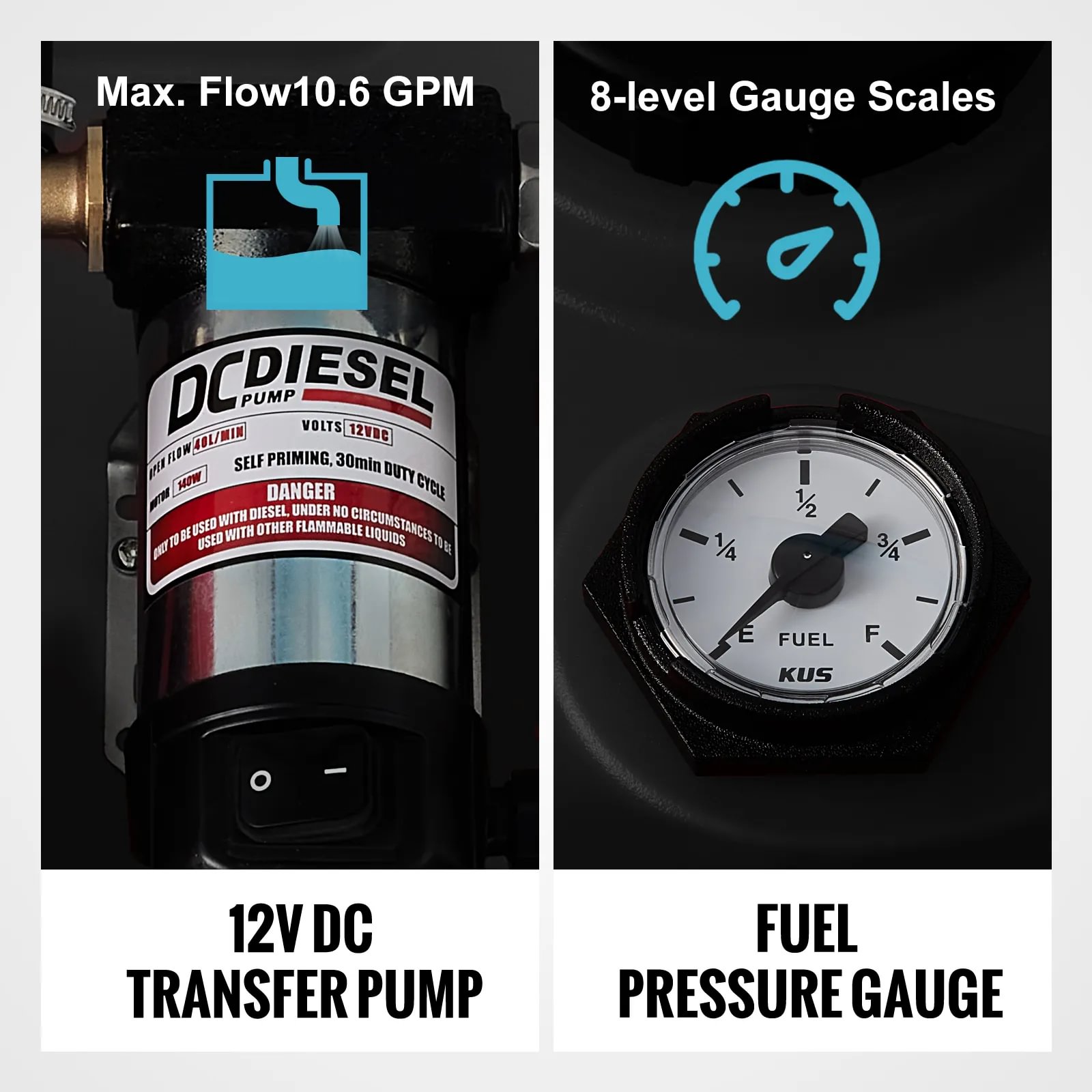 VEVOR portable diesel tank 12v dc transfer pump with max 10.6 gpm flow and 8-level fuel pressure gauge.