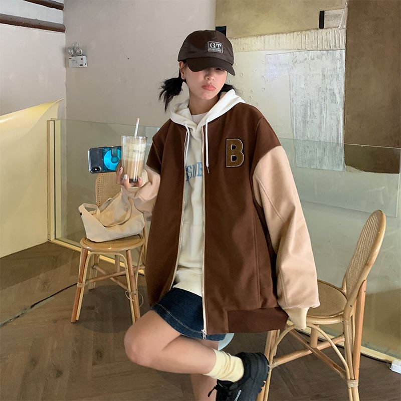 Harajuku High Street Women Baseball Uniform Autumn Brown Long Sleeve Coat Loose Letter Embroidery Tops Sweatshirt Student Jacket