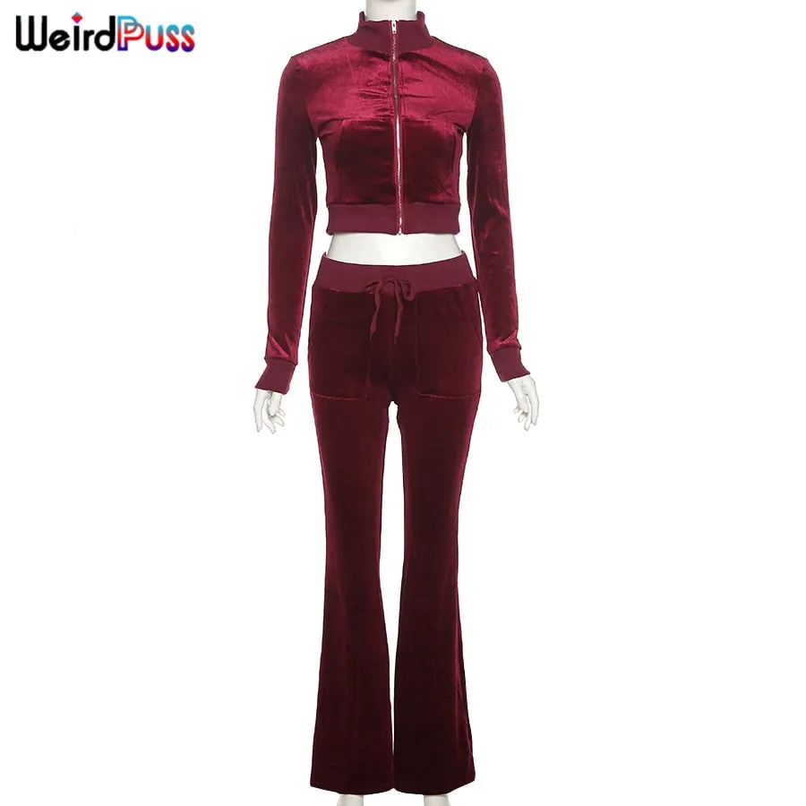 Weird Puss Velvet Women Tracksuit Skinny 2 Piece Set Zip Sporty Sweatshirt+Straight Pants Casual Fit Matching Streetwear Outfits