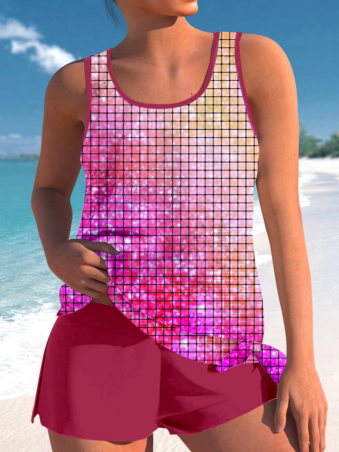 Bowknot Pink Gradient Plaid Printed Mid Waisted Tankini Set - Plus Size Available