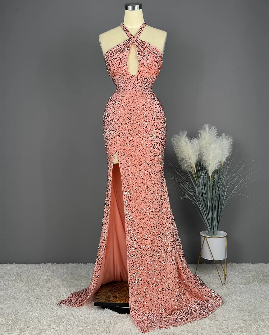 Daisda Sequins Halter Split Sleeveless Prom Dress