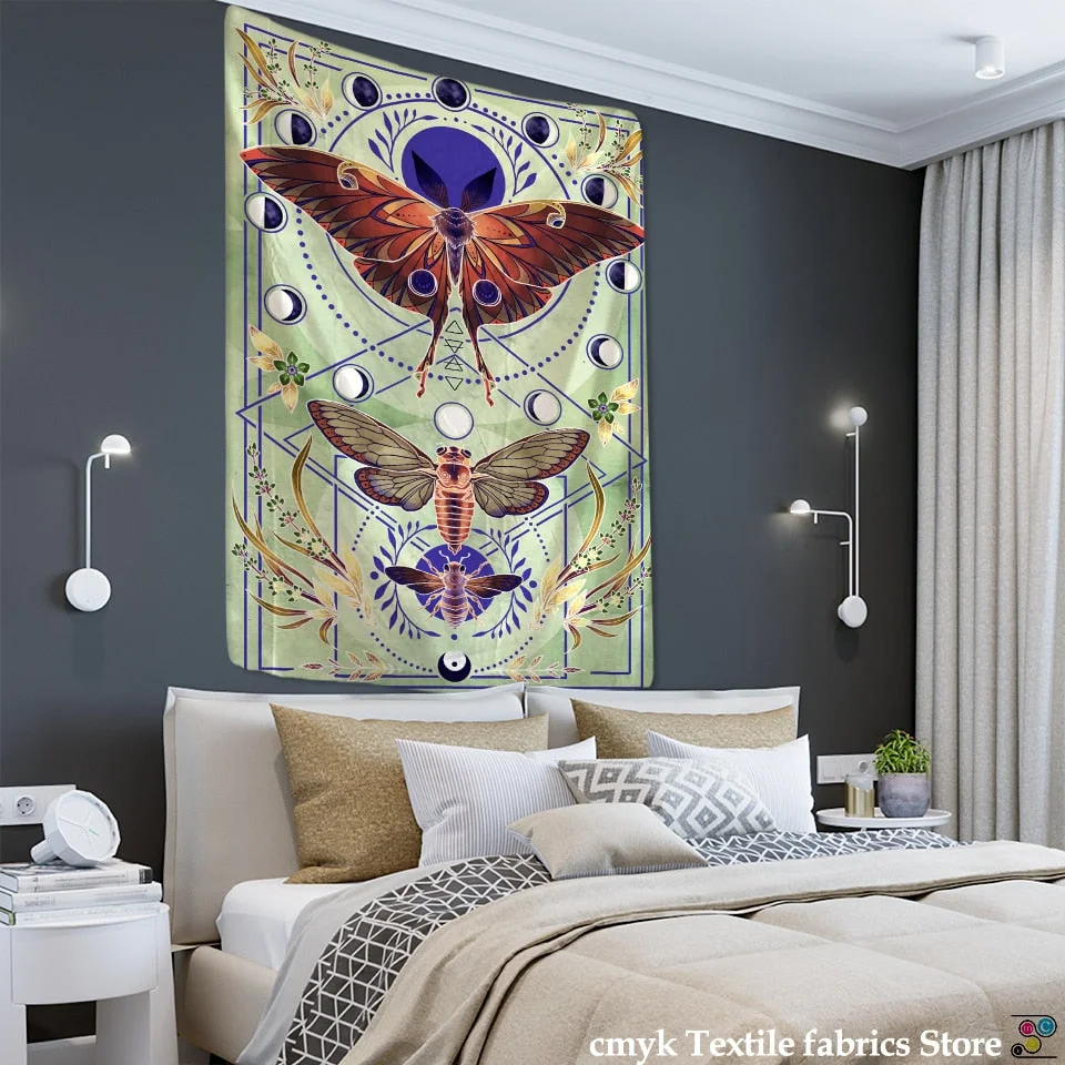 Moon Phase Butterfly Tapestry Wall Hanging Psychedelic Mysterious Witchcraft Bohemian Style Aesthetics Room Home Decor