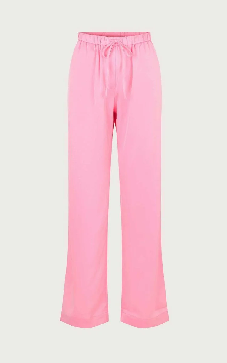 Msfancy Summer Pants Set Women Pink Satin Long Sleeve Shirt Elastic Waist Wide Leg Trousers 2 Pieces Sets Outfit