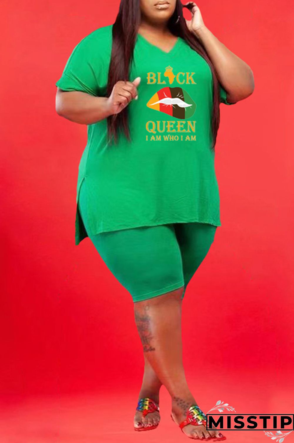 Green Fashion Casual Letter Print Slit V Neck Plus Size Two Pieces