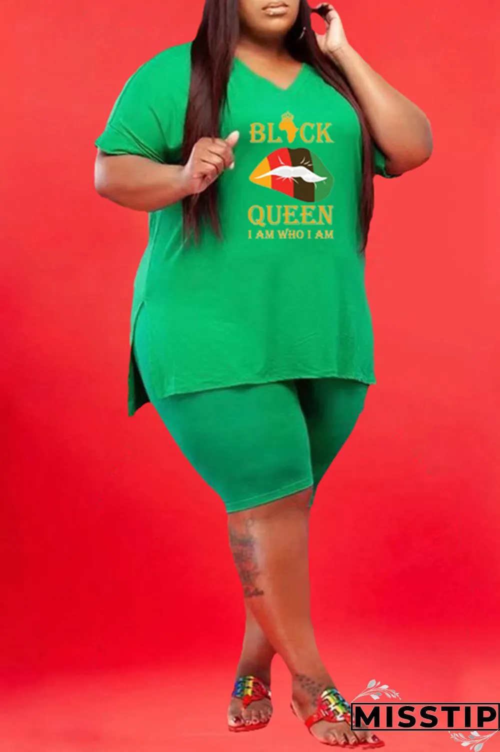 Green Fashion Casual Letter Print Slit V Neck Plus Size Two Pieces