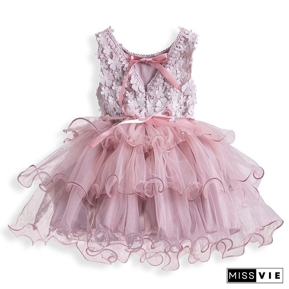 Girl's Fashion Backless Dress Appliques Flower Clothes Layered Mesh Princess Dress for Summer Beach Casual Wear 2 Styles