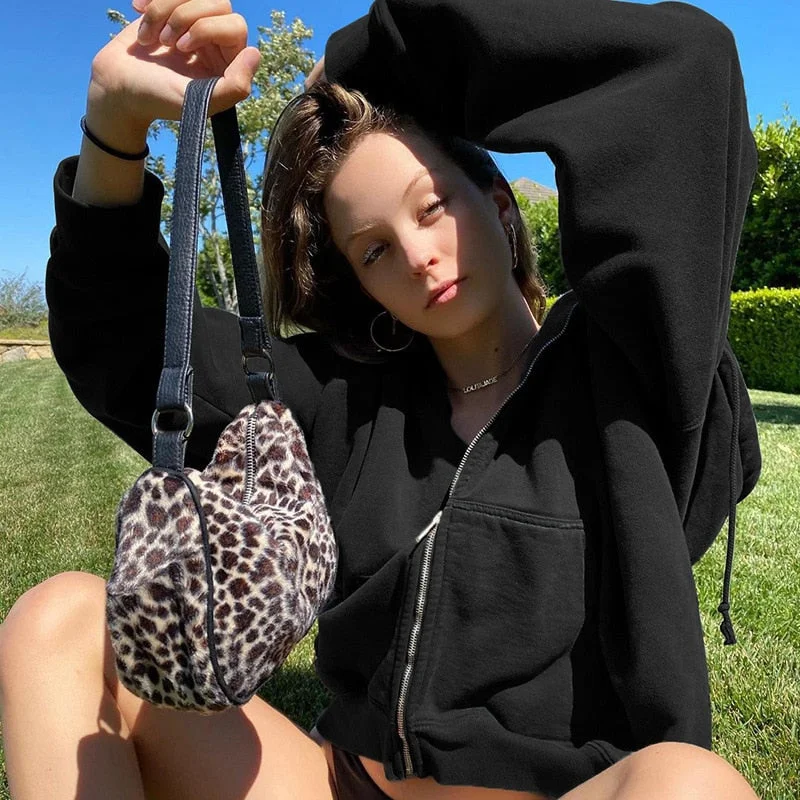 Y2K Zip Hooded Sweatshirt Harajuku Jacket Top Oversized Hoodie Retro Pocket Woman Clothes Loose Long Sleeve Pullover Tops Shirt