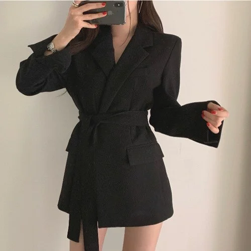 Billlnai  2023  Women's Spring Jackets  Elegant White Black Office Wear with Belt Suit Blazer Coat Long Sleeve Ladies Blazer Dress for Women