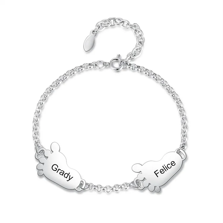 Baby Feet Bracelet with 2 Charms Engraved 2 Names