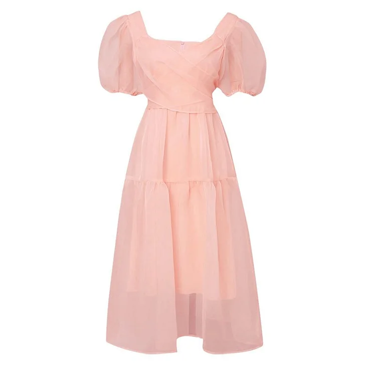 Pink Bandage Puff Sleeve Lace Chiffon Dress SP17079