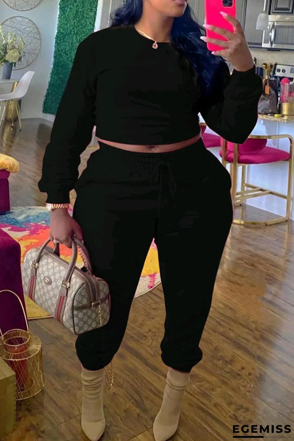 Black Casual Solid Patchwork Draw String O Neck Plus Size Two Pieces | EGEMISS