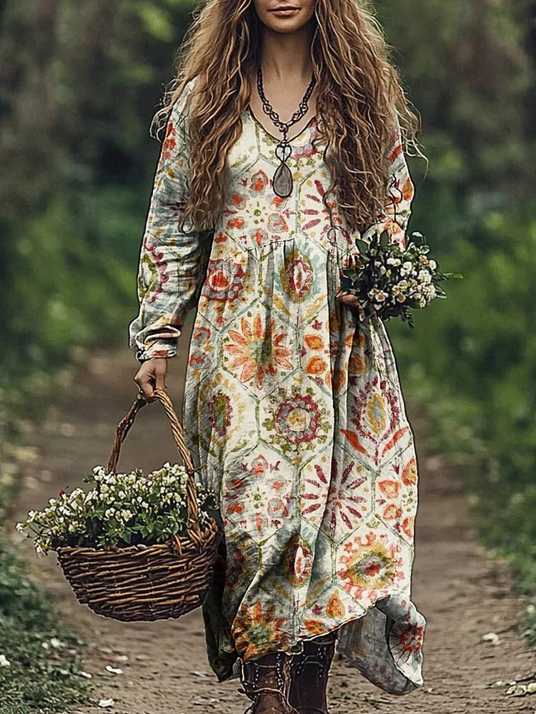 Women's Vintage Lovely Floral Art Print Pocket Cotton Dress