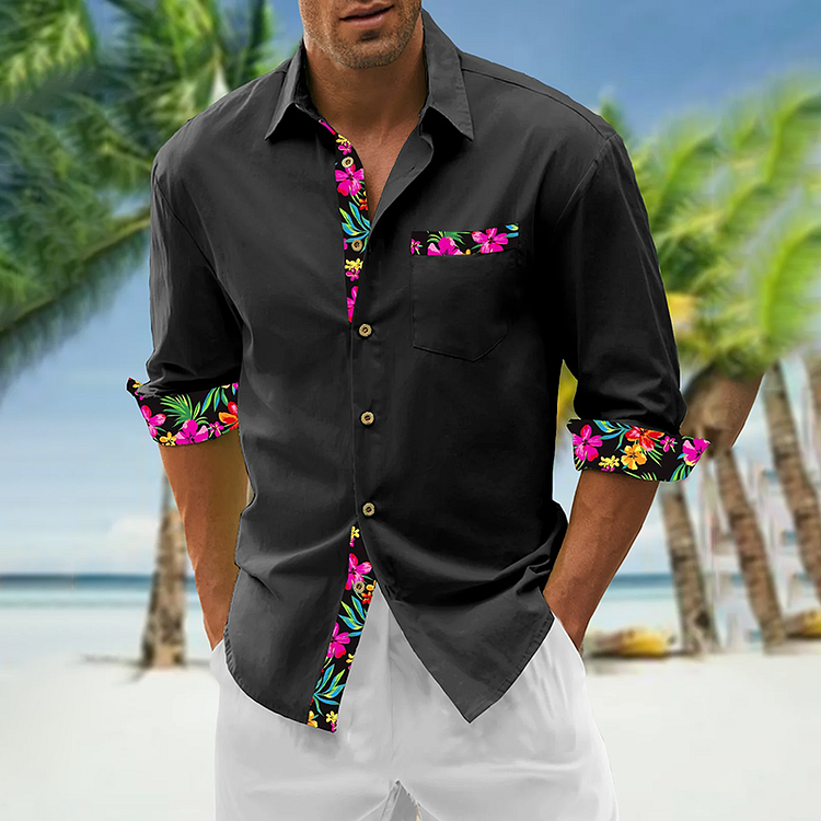 Casual Hawaiian Art Cotton Plain Paneled Floral Print Long Sleeve Shirts