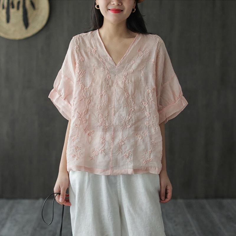 Loose V-neck Tee Shirt Floral Embroidery Vintage cotton linen T-shirt