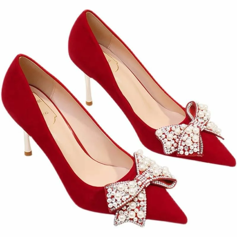 Sexy Red Velvet Wedding Shoes For Women 2022 Luxury Pearl Bowknot Pointed Toe Pumps Woman Stiletto High Heels Dress Shoes