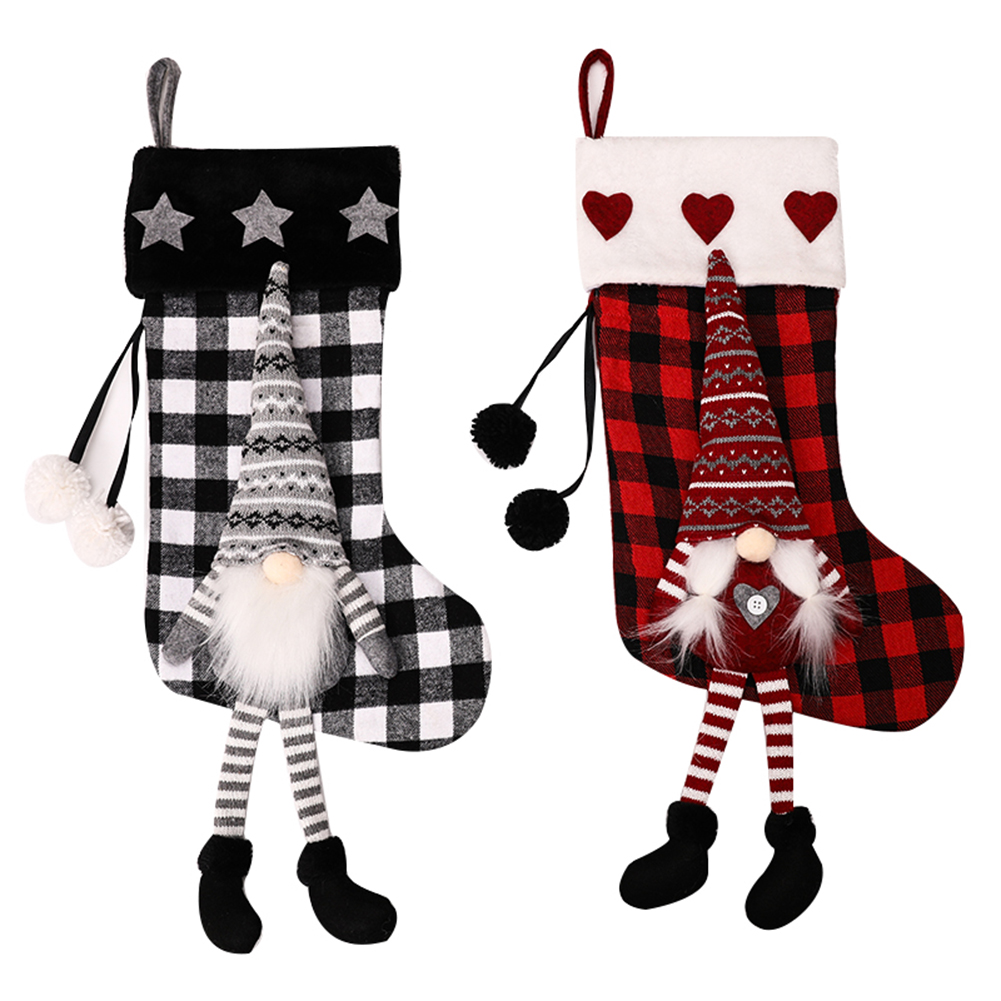 

Christmas Stocking Grid Hanging Feet Doll Socks Fireplace Candy Gift Bag, Black red, 501 Original