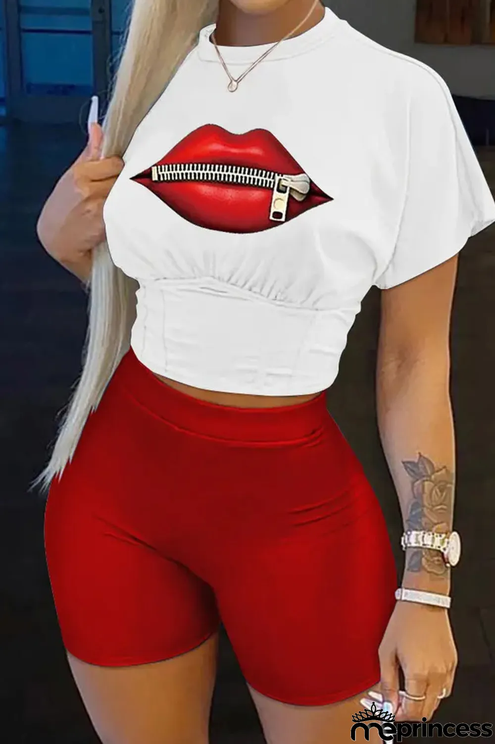 Deep Blue Casual Print Patchwork O Neck Short Sleeve Two Pieces