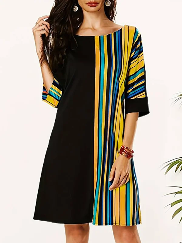 Striped Contrast Color Asymmetric Plus Size Loose Round-neck Mini Dresses
