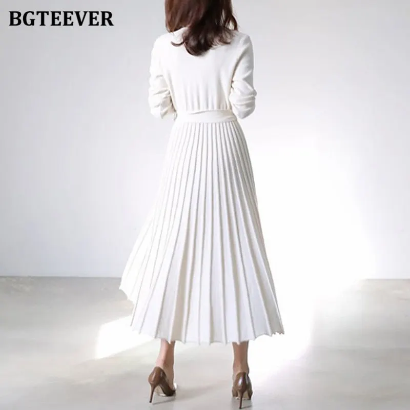 BGTEEVER Elegant V-neck Thick Warm Women Knitted Pleated Dress Long Sleeve Belted Sashes Ladies Sweater Dress 2020 Autumn Winter
