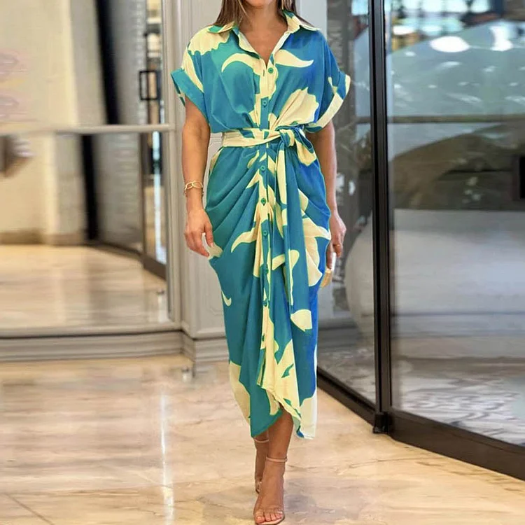 Elegant Print Lapel Short-Sleeve Single-Breast Tie Pleated Shirt Midi Dress