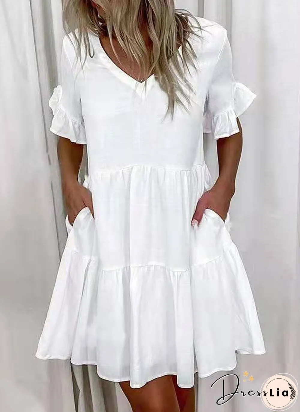 Printed Ruffle Pocket Dress Women Casual Loose Shoprt Sleeve Boho Vestidos Mujer