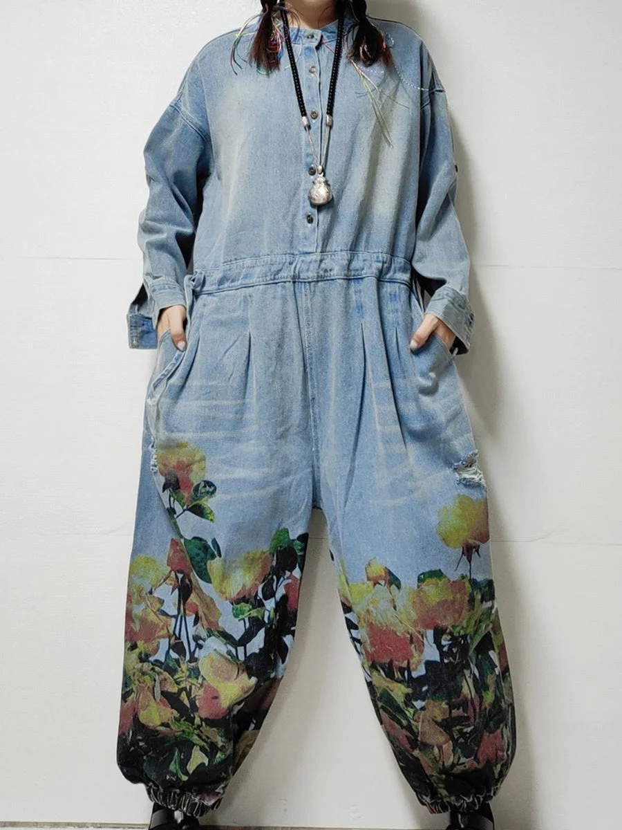 Women's Plus Size Floral Printed Casual Retro Cropped Workwear Denim Overalls Jumpsuit