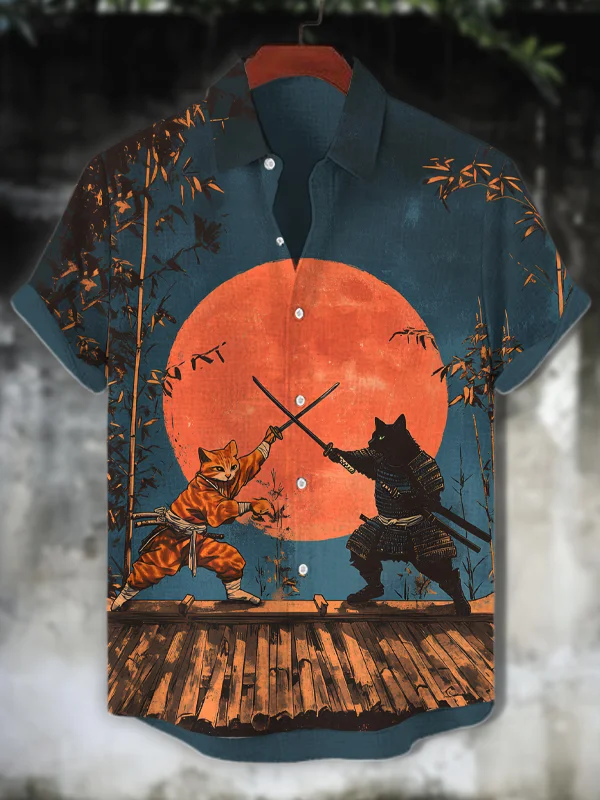 Men's Cat Warrior Blood Moon Battle Art Print Casual Shirt