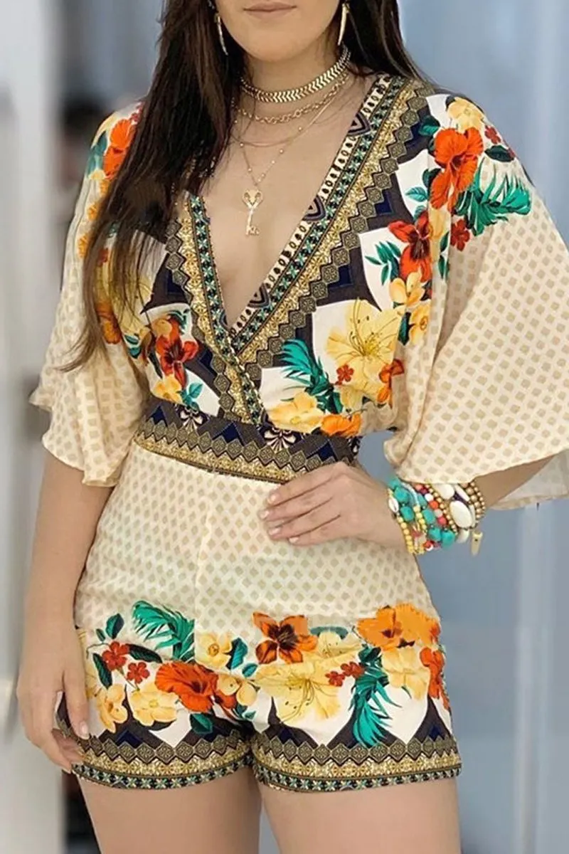Floral Wide Sleeve V-Neck Romper