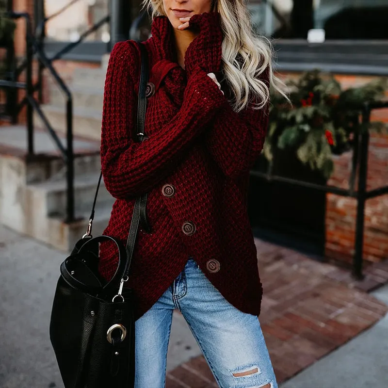 Turtleneck  Solid Knited Sweaters Women Autumn Irregular Hem Buttons  Knitted Pullover Female Korean  Plus Size Jumper Sweaters