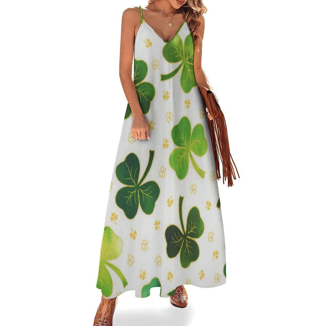Style & Comfort for Mature Women Plus Size Printed Sling Casual Women Maxi Dress in Pattern St. Patrick's Day, Green, Clover, Lucky